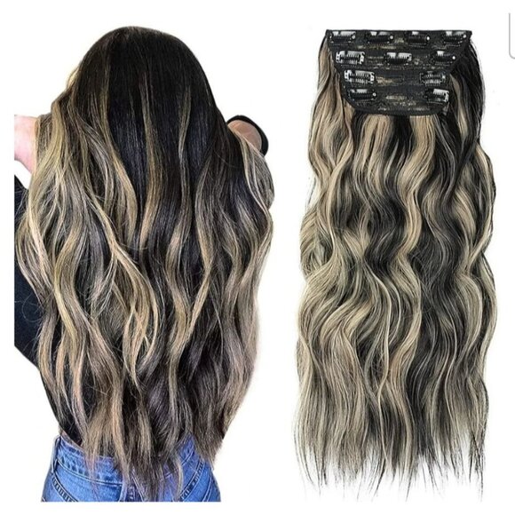 Vigorous Womens Clip-In Hair Extensions Black Mix Caramel 20 Inch Wavy Synthetic - Picture 2 of 7